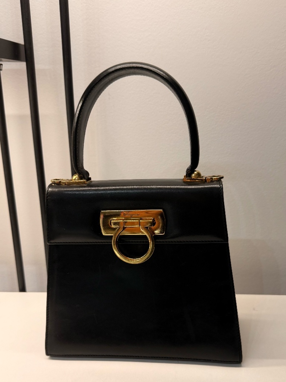 Salvatore Ferragamo Vintage Gancini Black Leather Top Handle Bag Gold Hardware